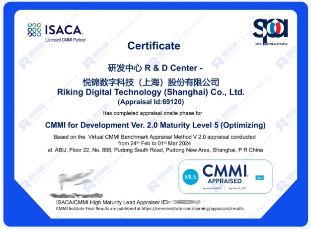 悅錦數(shù)字科技（上海）股份有限公司榮獲CMMI5級(jí)認(rèn)證，實(shí)力邁向國(guó)際標(biāo)準(zhǔn)！